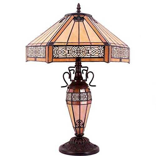 Tiffany Style Table Lamp W16H24 Inch Tall Yellow Stained Glass Hexagon Lampshade Antique Night Light Base S011 WERFACTORY LAMPS Lover Living Room Bedroom Office Study Reading Desk Nightstand Art Gifts