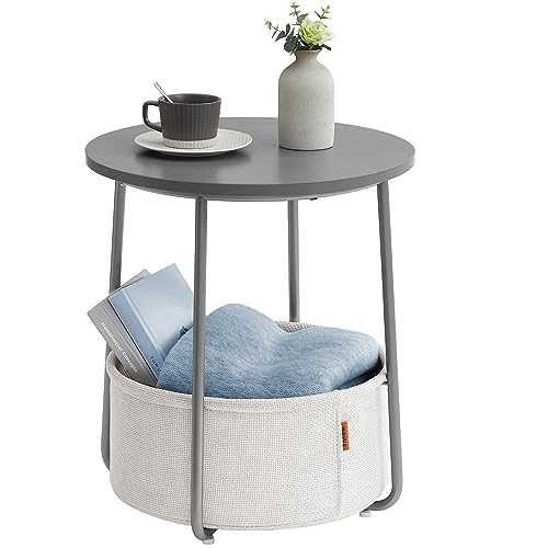 VASAGLE Small Round Side End Table, Modern Nightstand with Fabric Basket, Particleboard, Steel, Polyester, Dove Gray, Classic White