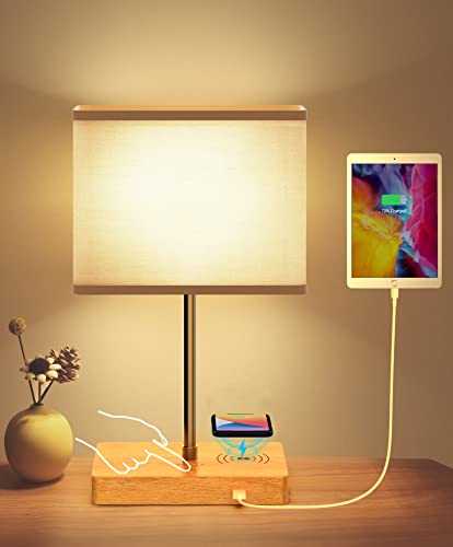 Aiscool Bedside Table Lamp with Wireless Charger, Bedside Lamps Touch Dimmer with USB Port, LED Desk Light Adjustable Height Wood Base Linen Lampshade Night Lights for Bedroom Living Room