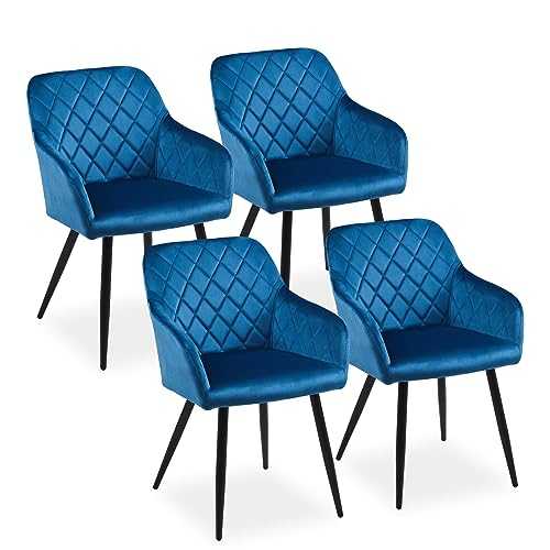 CLIPOP Dining Chairs Set of 4 Velvet Kitchen Leisure chairs Upholstered Seat with Backrest, Armrest and Metal Legs,Living Room Corner Chairs for Home Office Furniture (Blue)