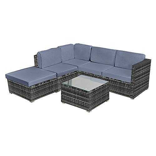 Panana Rattan Outdoor Garden Furniture Set 5 Seater Corner Sofa Lounge Set with Coffee Table and Stool L-Shaped Sofa Conservatory Patio Poolside Grey Wicker with Dark Grey Cushion