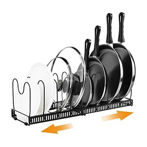 ANIUNIU Expandable Pot Organizer Rack, Pot Lid Organizer Pan Holder Rack, Pans and Pots Lid Organizer Rack Holder with 10 Adjustable Compartment for Kitchen Cabinet Cookware Baking Frying Rack, Black