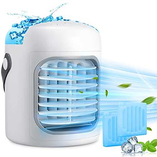 Portable Air Conditioner, 2500mAh Rechargeable 4 in1 Personal Mobile Air Conditioner, Air Cooler & Humidifier & Purifier w/ 300ml Water Tank, 4 Ice Trays, 3 Fan Speeds, 7 LED Lights for Home, Office