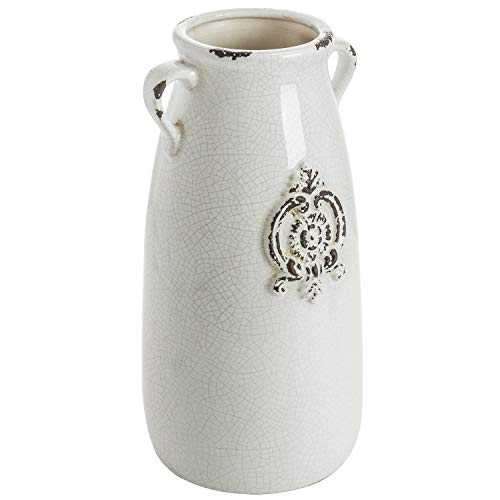 MyGift Farmhouse White Ceramic Vase with Handle, Antique Jug Style Flower Vase