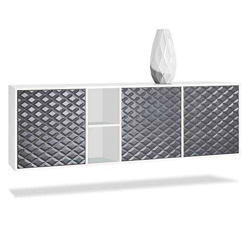 Vladon Sideboard Cabinet Cupboard Cuba, Carcass in White matt/Front in 3D Steel Grey