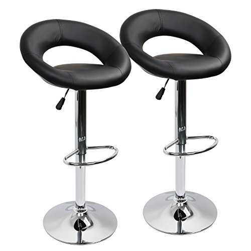 Adjustable Swivel Bar Stools Set of 2, Faux Leather Gas Lift Breakfast Kitchen Chairs with Crescent Shaped Back (Black)