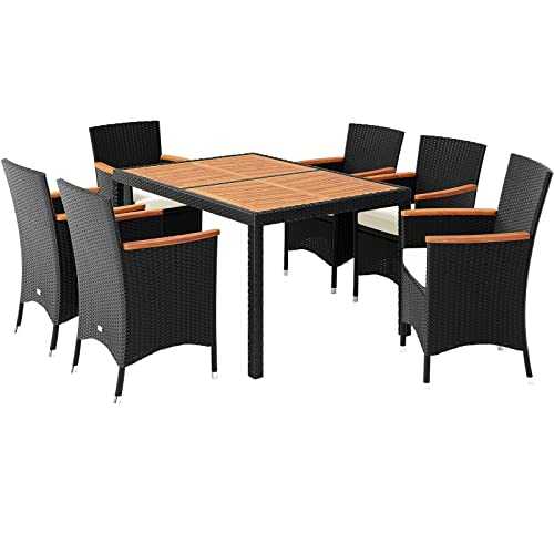 Rattan Dining Table and Chairs Set Garden Furniture 6 Seater Wooden Acacia Rectangular Patio Conservatory Black Brown + Seat Cushions