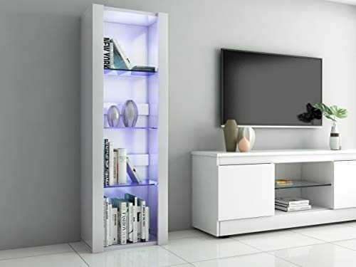 Panana LED Tall Display Cabinet with Glass Shelf Modern Sideboard Cupboard Unit for Living Room Bedroom Furniture (White Matt Body & White High Gloss Fronts)