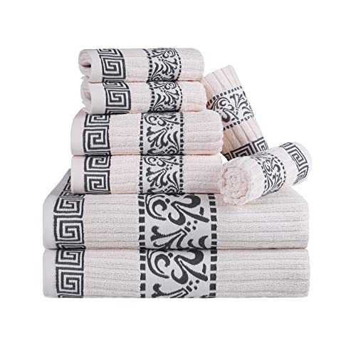 Superior 8 Piece Cotton Towel Set, Highly-Absorbent Plush Decorative Bohemian, Greek Key Trim Jacquard Dobby Border, Face Towels 13” x 13”, Hand Towels 16” x 30”, Bath Towels 30” x 52”, Ivory-Grey