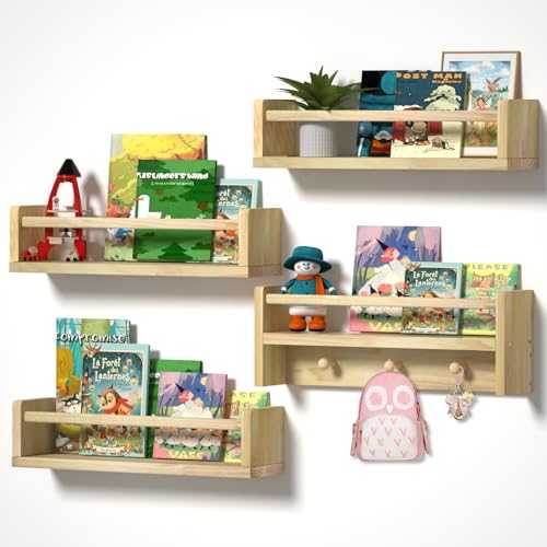 Esonal Nursery Book Shelves, Natural Wood Wall Bookshelf for Kids, 16 Inch Floating Book Shelves for Kids Room, Set of 4 Hanging Bookshelf Baby Bookshelf for Living Room Bathroom Kitchen