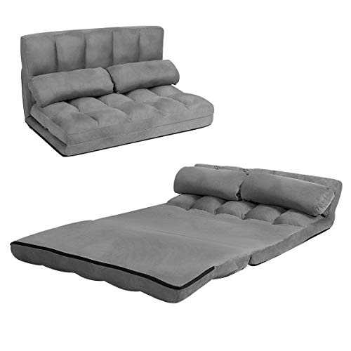 COSTWAY Double Folding Sofa Bed, 6-Position Adjustable Lounger Sleeper Seat Chair with 2 Pillows, Home Office Living Room Bedroom Floor Lazy Sofa Bed (Grey)