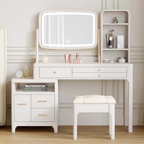Vanity Desk With Mirror And Lights, With 6 Large Capacity Drawers, Modern Makeup Vanity Dressing Table With Stool, Makeup Vanity Table For Bedroom, Girls And Women, White