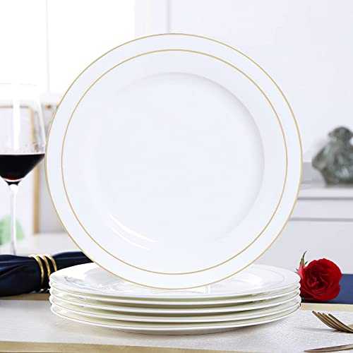 【20% Off】DUJUST 1st-Class Bone-China White Dinner Plate Set of 6 (25cm), Luxury Design with Handcrafted Golden Trim, Top Grade Porcelain Kitchen Plate Set/for Salad/Pasta, Chip Resistant & Lead-Free