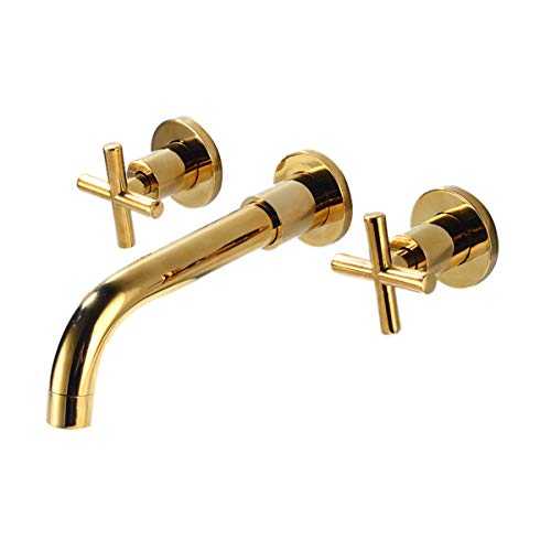 Wall Mount Tub Filler Faucet Gold High Flow Bathtub Faucet Two Handles Wall-Mounted Bathroom Faucet 2 Cross Handles 3 Holes Vanity Sink Mixer Tap Brass Rough-in Valve Included