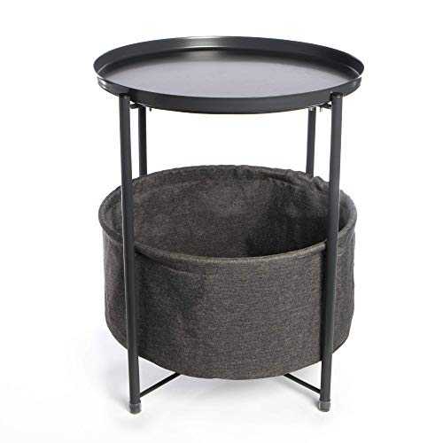 Circular End Table with Fabric Storage Basket | Tray Side Tables | Lamp Tables | Bedside Table | Storage Tables for Living Room | Compact Design | M&W (Dark Grey)