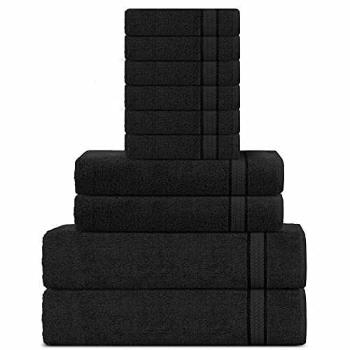 Super Soft 600 GSM Cotton Towels Set by Sweet Needle, Black - 2 Bath Towel, 2 Hand and 6 Wash/Face - Double Pile, Absorbent & fluffy for Bathroom accessories, Shower & Daily Use (10 Pieces Bales)