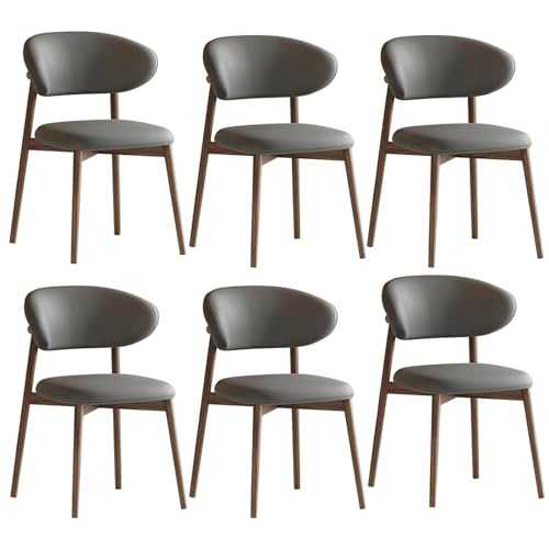 PJDDP Modern Dining Chairs Set, Curved Backrest Upholstered Kitchen Dining Room Chairs, Mid Century Leather Side Chairs with Solid Wood Leg for Living Room,Bedroom,Kitchen,Grey,Set of 6