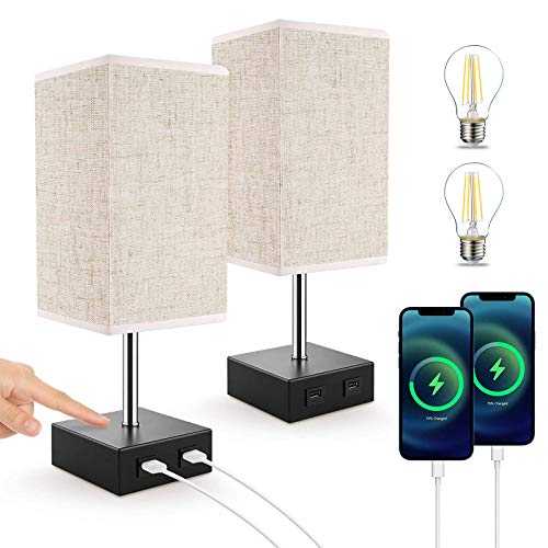 USB Touch Bedside Table Lamp, COSYLE Bedside Lamp with 2 USB Ports, 3-Way Dimmable Bedside Nightstand Reading Lamps for Bedroom Living Room Office, 2 LED Bulbs Include