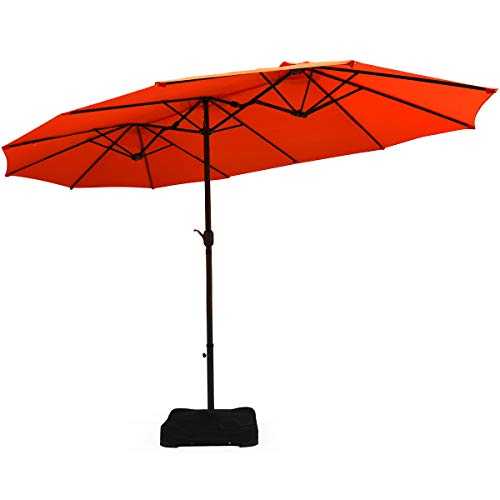 COSTWAY 4.6m Double-Sided Parasol with Base and Crank Handle, Outdoor Extra Large Sun Umbrella, Portable Market Sunshade Shelter Canopy for Garden Patio Beach Yard (Orange)