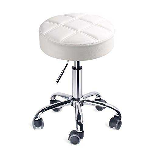 Leader Accessories Swivel beauty Stool Round Rolling Stools Adjustable Work Stool with 5 Wheels (White/seat cushion Φ14)