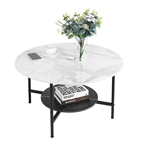 FATIVO Marble Top Coffee Tables Round: 2 Tier White and Black Coffee Table 80cm Sintered Stone High Gloss Marbles Effect Tabletop with Matt Black Frame Modern Large Centre Table Living Room
