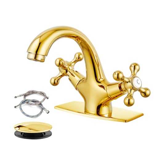 Bathroom Sink Faucet Polish Gold with Pop up Drain with Overflow Double Cross Handle Single Hole Deck Mount Vanity Basin Cold Hot Lavatory Mixer Tap