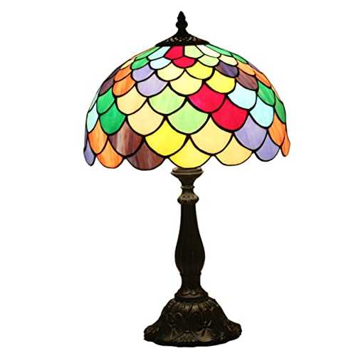 AWCVB Tiffany Table Lamp 12 Inch Stained Glass Bedside Desk Lamp with Antique Brass Finish Metal Lamp for Kids Room Bedroom Study Bookcase Desk Light
