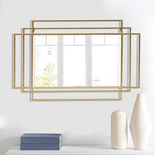 35.4"x23.6"Rectangle Geometric Fretwork Design Metal Wall Mirror H-GM042102