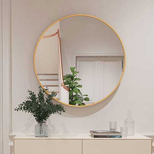 Koonmi 91cm Round Mirror, Bathroom Mirror, Wall Mirror with Metal Frame, Large Wall Mounted Mirror Circle Mirror for Bathroom, Living Room, Bedroom, Entryways, Gold