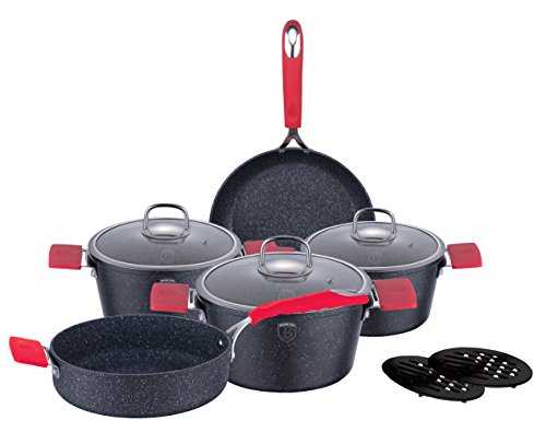 Berlinger Haus Stone Touch Ten Piece Cookware Set with Six Piece Silicone Handle I Black/Red