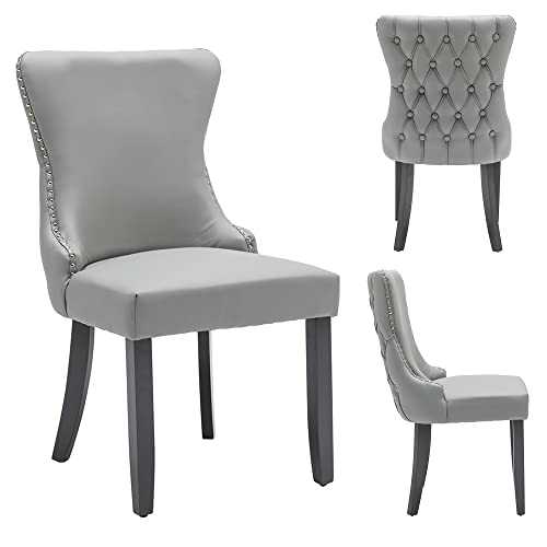 PS Global Luxury Mia Dining Chairs, Set of 2, Faux Leather Deep Button Tufted Chrome Studding Detail (Light Grey)