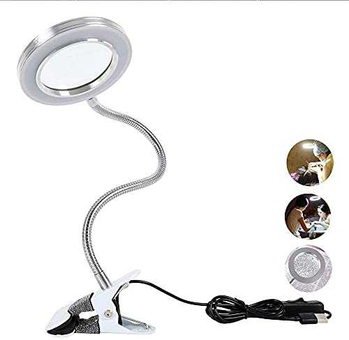 Jetcloud LED Clamp, 8X Desk Magnifying Lamp with Illuminated Optical Glass Adjustable Light Settings USB Powered for Bedroom Dormitory, Silver, One Size