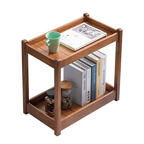 Bamboo 2-Tier End Table On Wheels Wood Storage Shelf Coffee Table Sofa Side Table Mini Bookcase Rustic Brown