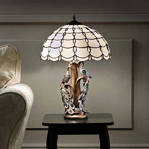 Tiffany Style Pavo 16 Inch Table Lamp with Stunning Twin Peacock Tree Design Stand Antique Brass Finish