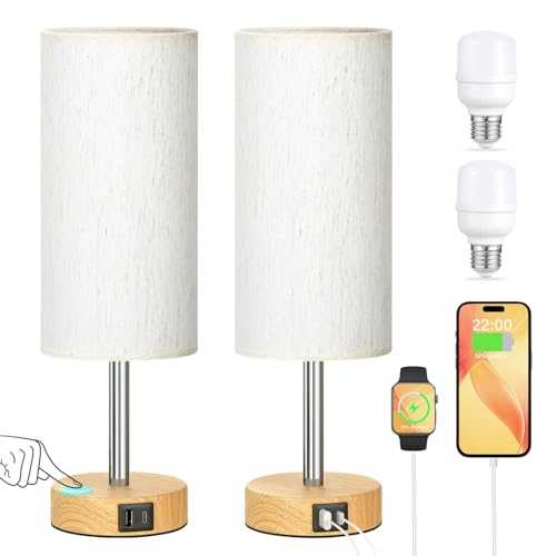Bedside Lamps Set of 2, 3-Way Dimmable Touch Lamps Bedside with USB-C+A Charging Ports, Bedroom Lamp with Flaxen Fabric Shade, Small Table Lamp for Bedroom Living Room (LED Bulbs Included)