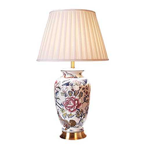 PIAOLING New Chinese Classical Flower Bird Ceramic Vase Table Lamp, Pleated Fabric Lamp Shade, Luxury Antique Brass Table Lamp, Modern Living Room Bedroom Study Office Lighting