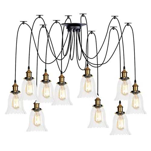 DMNSDD Pendant Lights, Adjustable DIY Ceiling Spider Lamp, Brass Vintage Industrial Clear Glass Shade Chandelier Hanging Lighting for Dining Room,10 Lights