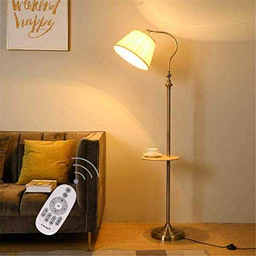 Floor Light Vintage Antique Brass Floor Lamp, Classic Adjustable Pleated Beige Yellow Fabric Shade, Remote Control Dimmable With Table, for Living Room Bedroom Office Reading,Copper