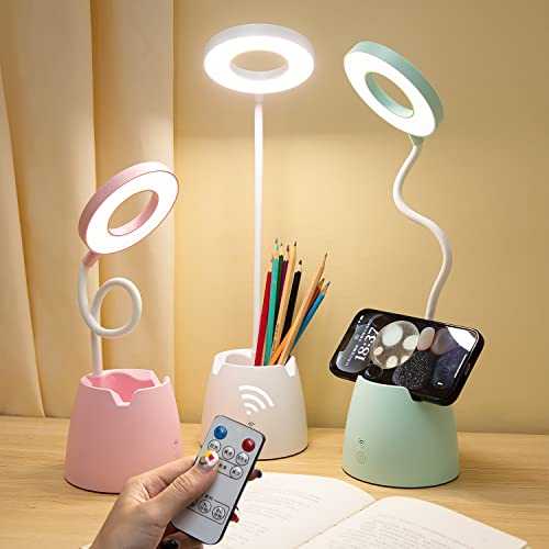 Desk Lamp, Dimmable Battery Operated Table Lamps with Remote Control & Timing, White Battery Desk Lights with 3 Light Mode, LED Reading Lamps with Pen & Phone Holder, Flexible Study Lamp, Night Light