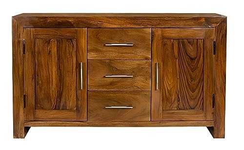 Oak and Pine Online Solid Sideboard Indian Cabinet 2 Door 3 Drawer in Cube Petit Dark Sheesham Living Room Furniture