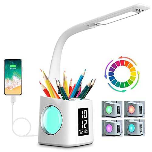 Wanjiaone study led desk lamp with usb charging port&screen&calendar&color night light, kids dimmable led table lamp with pen holder&alarm clock, desk reading light for students,10W 2A
