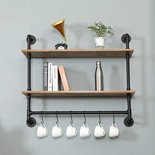 Industrial Pipe Shelving, Iron Pipe Shelves Bathroom Shelves with Towel bar, Rustic Metal Pipe Floating Shelves, Pipe Shelf Wall Mounted with Hooks for Coffee Bar Kitchen(36" 2Tiers)