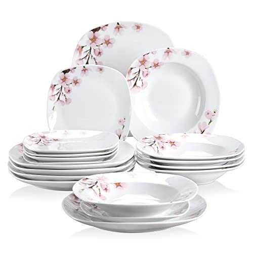 VEWEET 'Annie' 18-Piece Porcelain Combination Sets Ivory White Pink Floral Round Tabletop Dinner Sets of 6 x 9.75" Dinner Plate/ 7.5" Dessert Plate/ 8.5" Soup Plate Service for 6