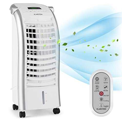 Klarstein Maxfresh - Fan, Air Cooler, Humidifier, 444m³ / h, 6-Litre Water Tank, Power: 55 Watts, Remote Control 2 x Ice Packs, Timer, 4 Wind Speeds, Floor Rollers for Mobility - White