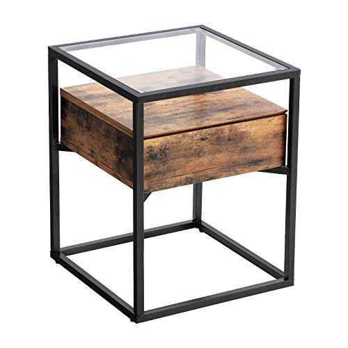 VASAGLE Tempered Glass Side Table, Nightstand, with Drawer and Shelf, Decoration in Living Room, Stable Steel Frame, Industrial, Rustic Brown
