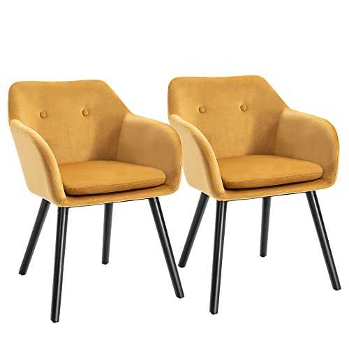 HOMCOM Dining Chairs Set of 2 Modern Upholstered Fabric Velvet-Touch Leisure Chairs with Backrest and Armrests, Lounge Reception Chairs for Home Office Kitchen Counter, Yellow