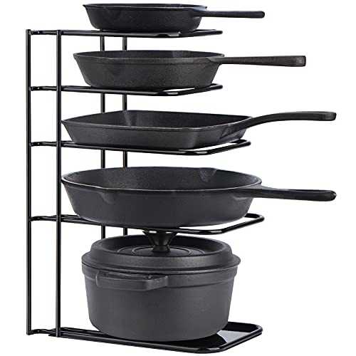 Toplife Heavy Duty Pan Organizer, 5 Tier Pot and Pan Organizer Rack for Cast Iron Skillets, Griddles and Pots - Durable Steel Construction- No Assembly Required - Black