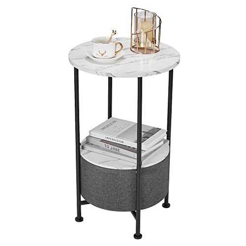 LEMONDA 26" High Small Round Marble Side Table with Storage,2 Tier Small Round End Table with Basket for Indoor Outdoor Patio, Round Bedside Tables, Nightstands for Small Spaces