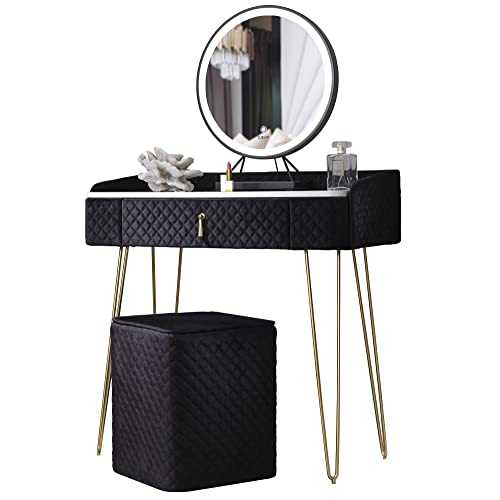 CARME Bali Sunset Velvet Dressing Table with LED Touch Sensor Mirror in Noir Black