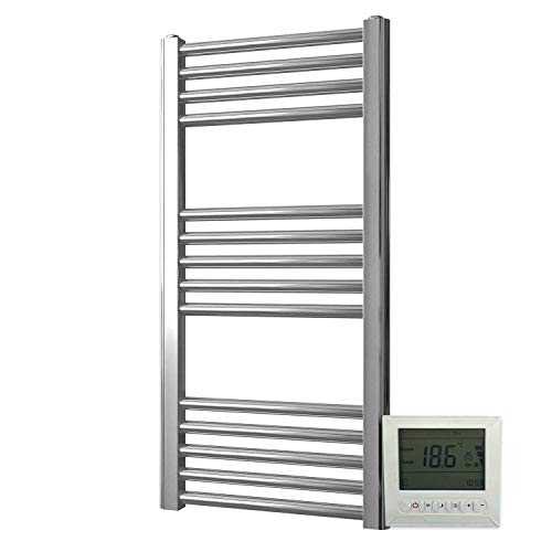 Greened House Electric Chrome 400W x 800H Flat Towel Rail + Timer and Room Thermostat Bathroom Towel Rails